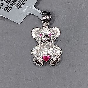 925 STERLING SILVER Cute Iced Out Red Heart Teddy Bear Pendant Charm